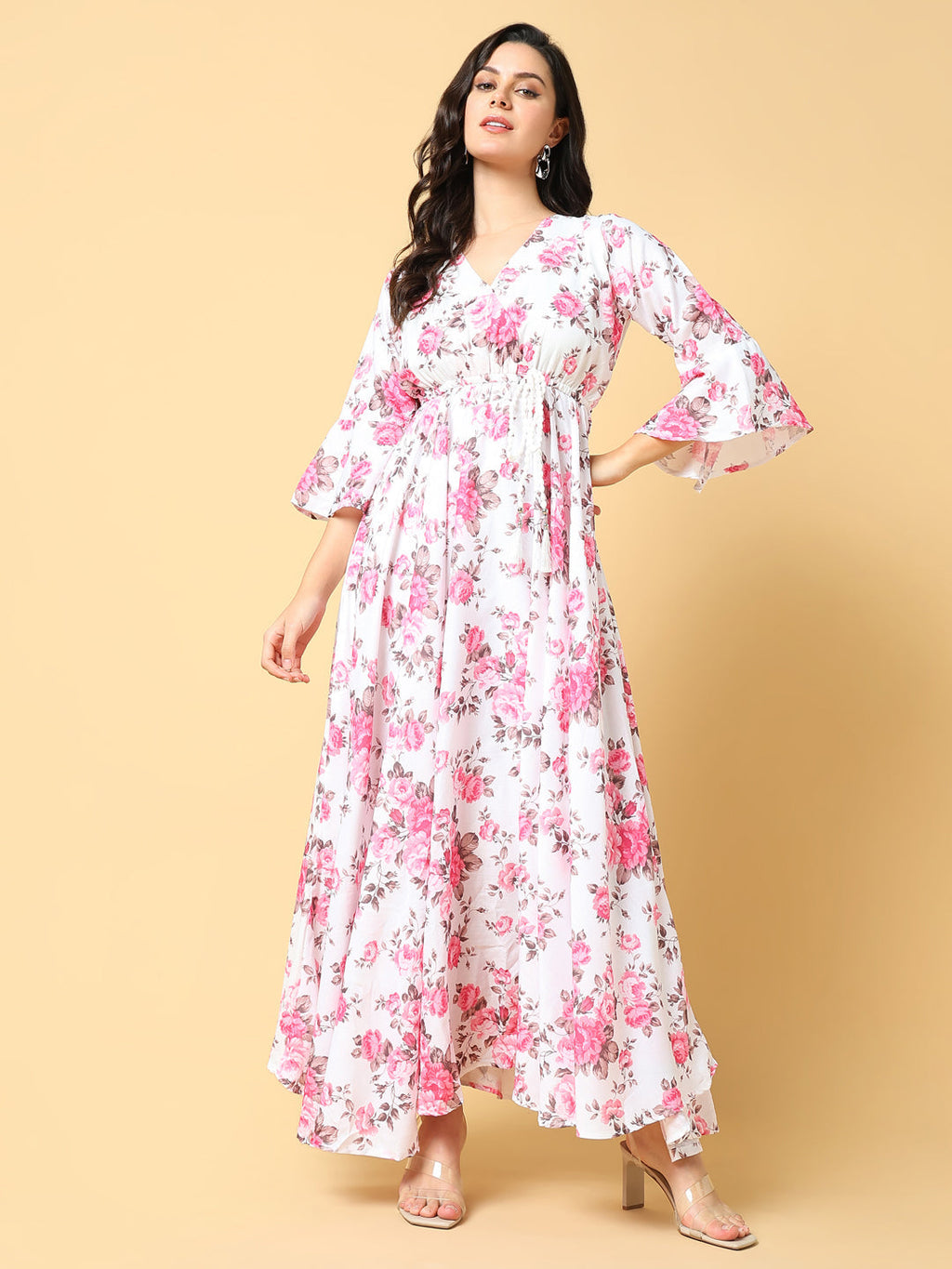 Women's Pink Floral Printed Bell Sleeve Fit & Flare Maxi Dress