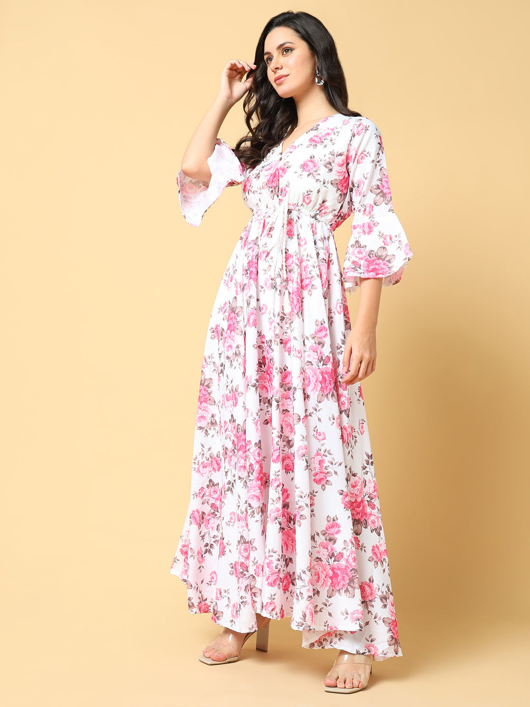 Women's Pink Floral Printed Bell Sleeve Fit & Flare Maxi Dress