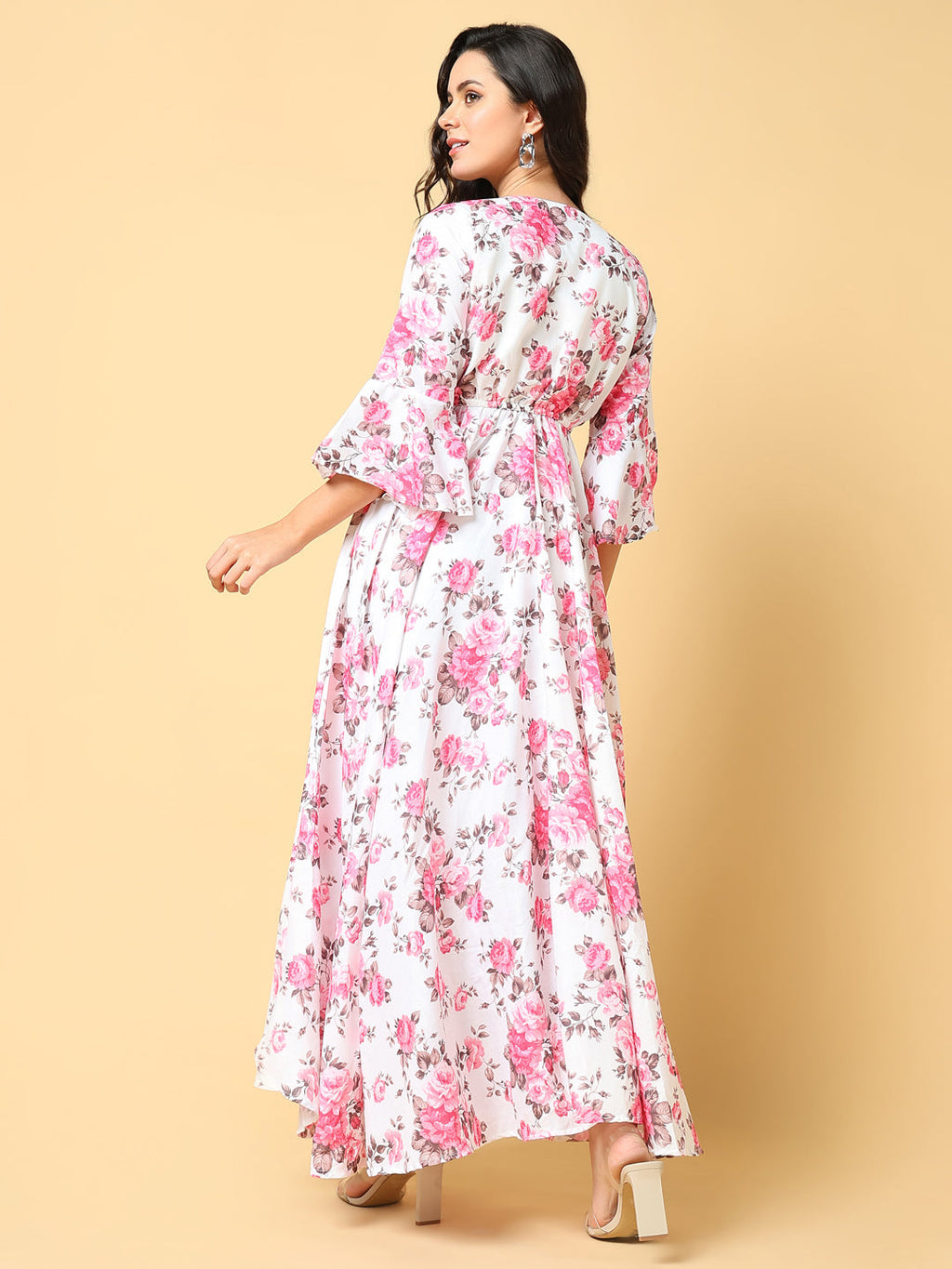Women's Pink Floral Printed Bell Sleeve Fit & Flare Maxi Dress