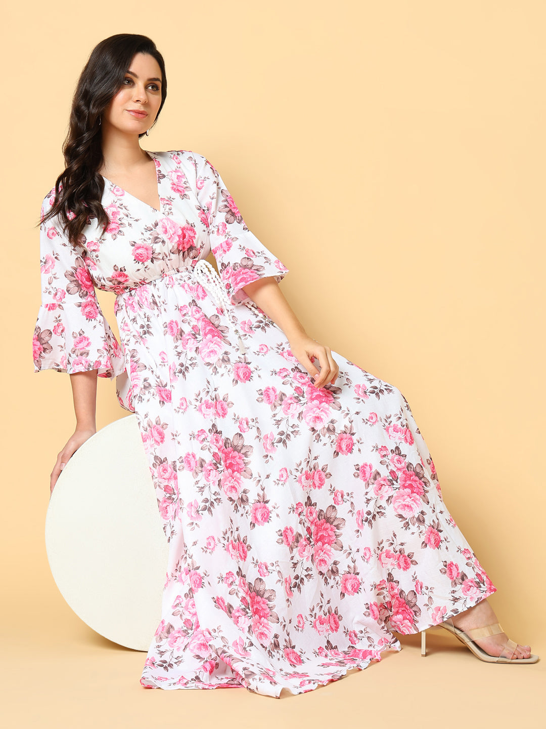 Women's Pink Floral Printed Bell Sleeve Fit & Flare Maxi Dress