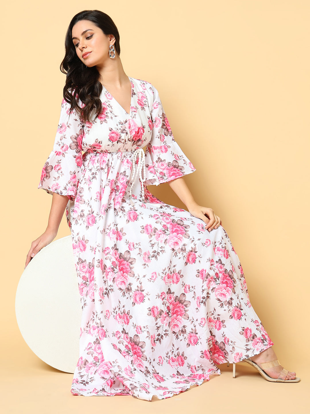 Women's Pink Floral Printed Bell Sleeve Fit & Flare Maxi Dress