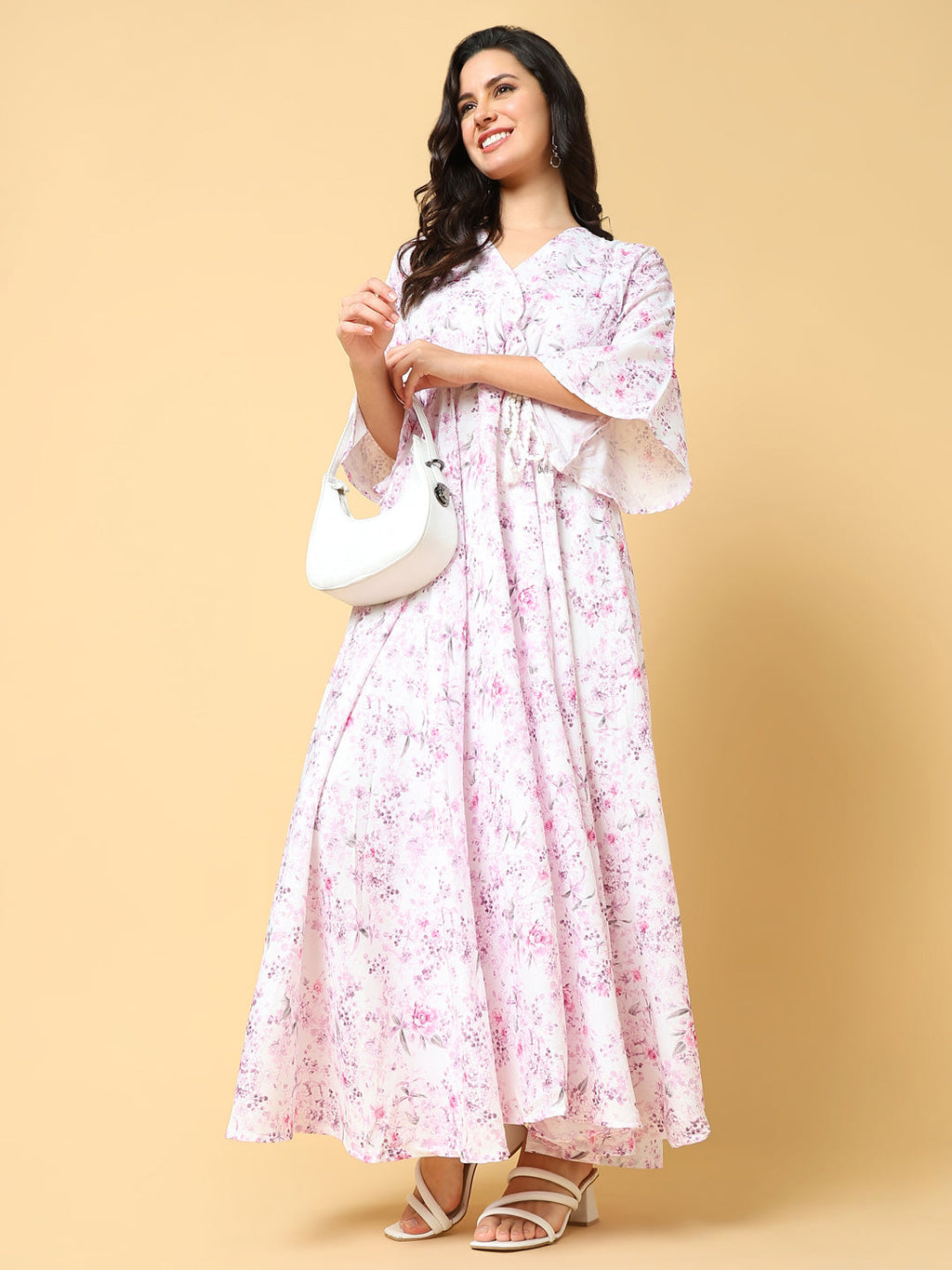 Women's Pink Floral Printed Bell Sleeve Fit & Flare Maxi Dress