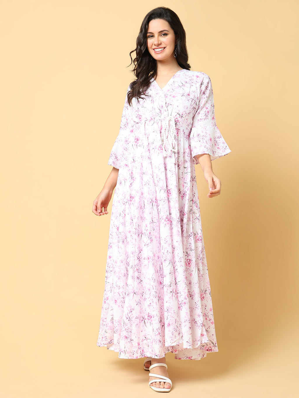 Women's Pink Floral Printed Bell Sleeve Fit & Flare Maxi Dress