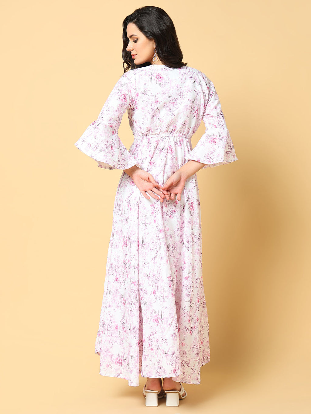 Women's Pink Floral Printed Bell Sleeve Fit & Flare Maxi Dress