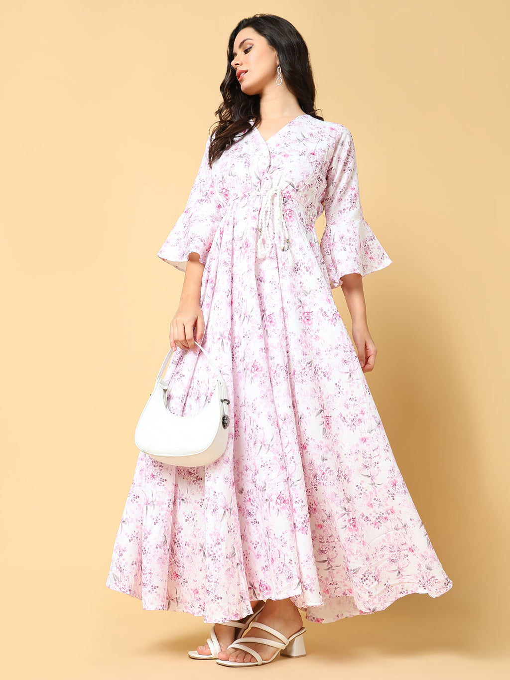 Women's Pink Floral Printed Bell Sleeve Fit & Flare Maxi Dress
