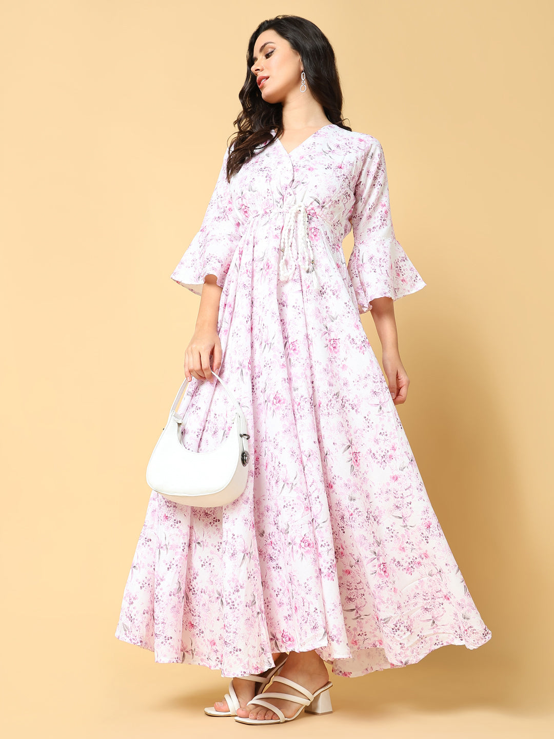 Women's Pink Floral Printed Bell Sleeve Fit & Flare Maxi Dress