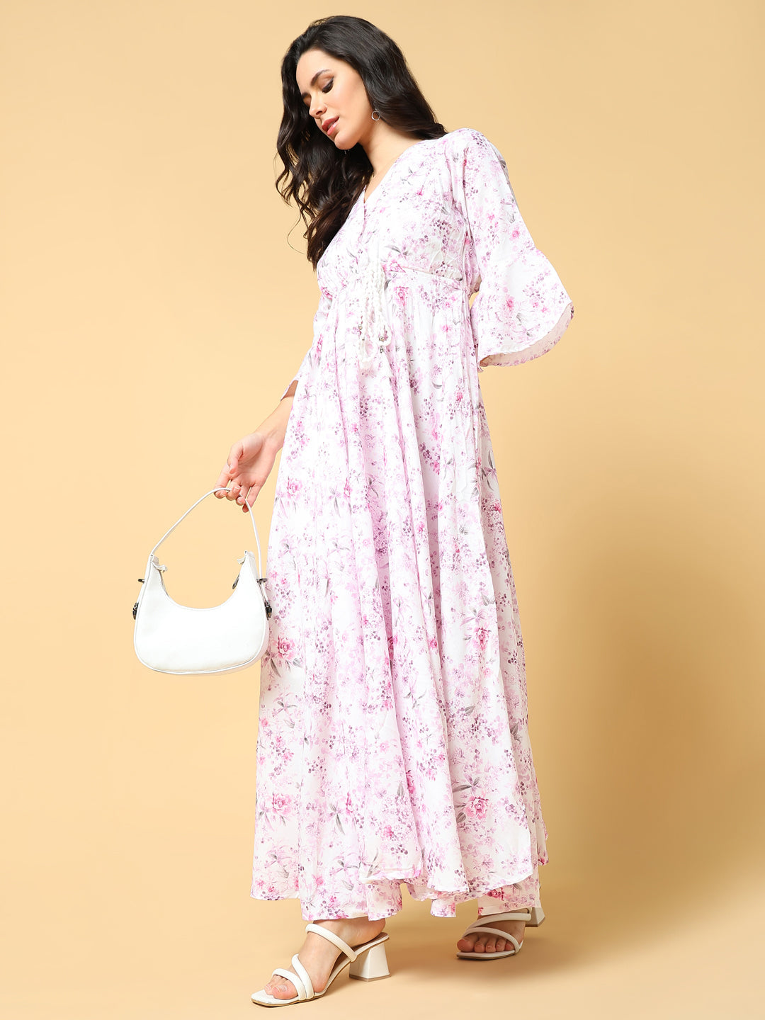 Women's Pink Floral Printed Bell Sleeve Fit & Flare Maxi Dress