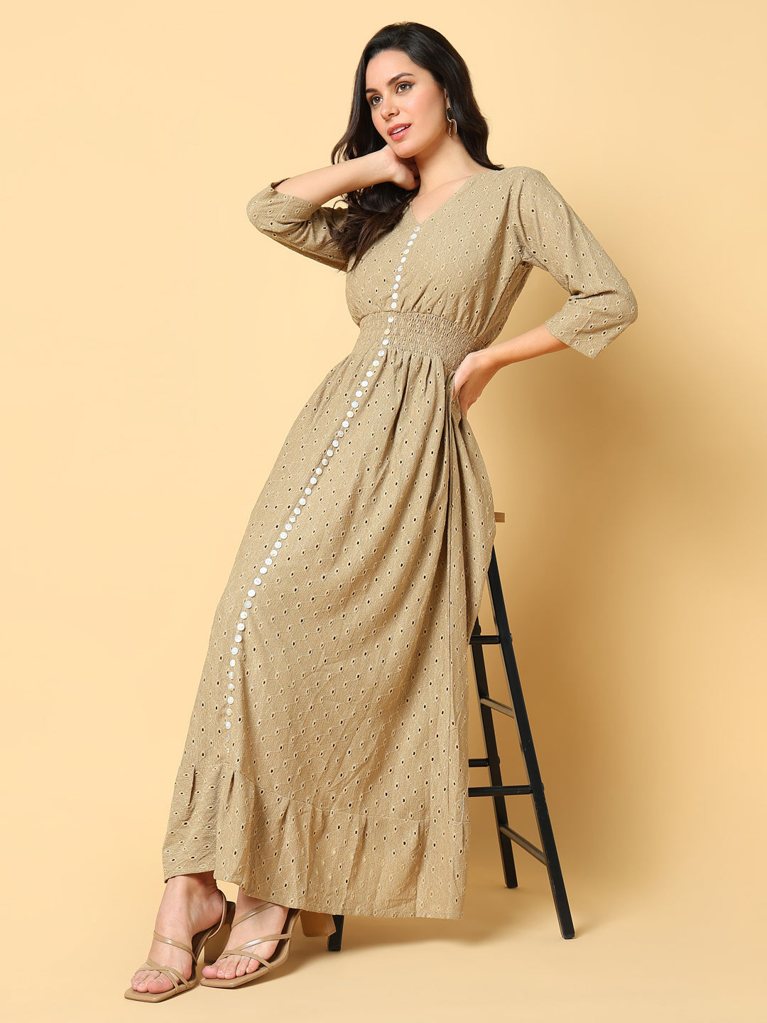 Women's Beige Self Design Fit & Flare Maxi Dress