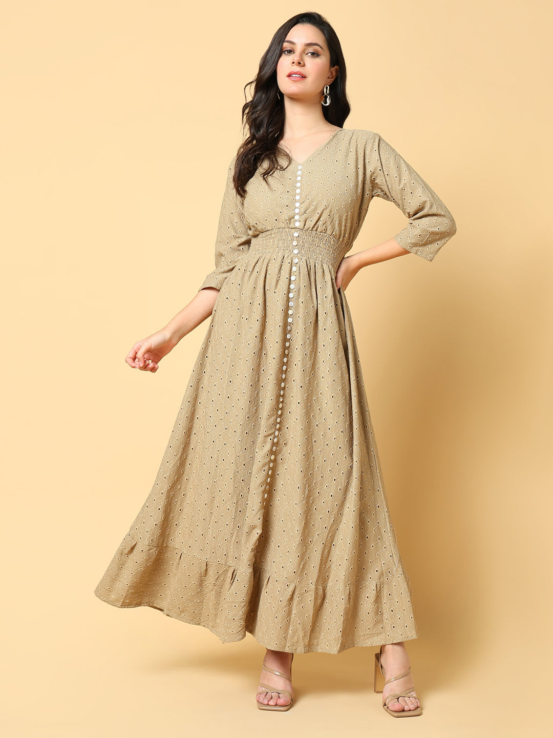 Women's Beige Self Design Fit & Flare Maxi Dress