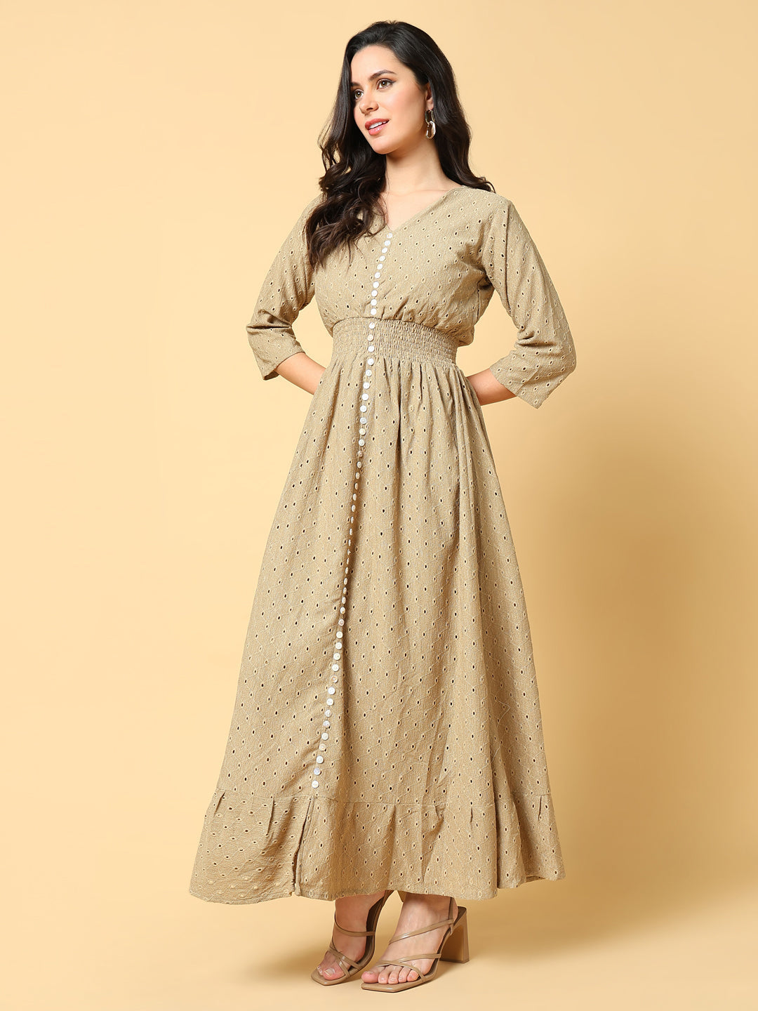 Women's Beige Self Design Fit & Flare Maxi Dress