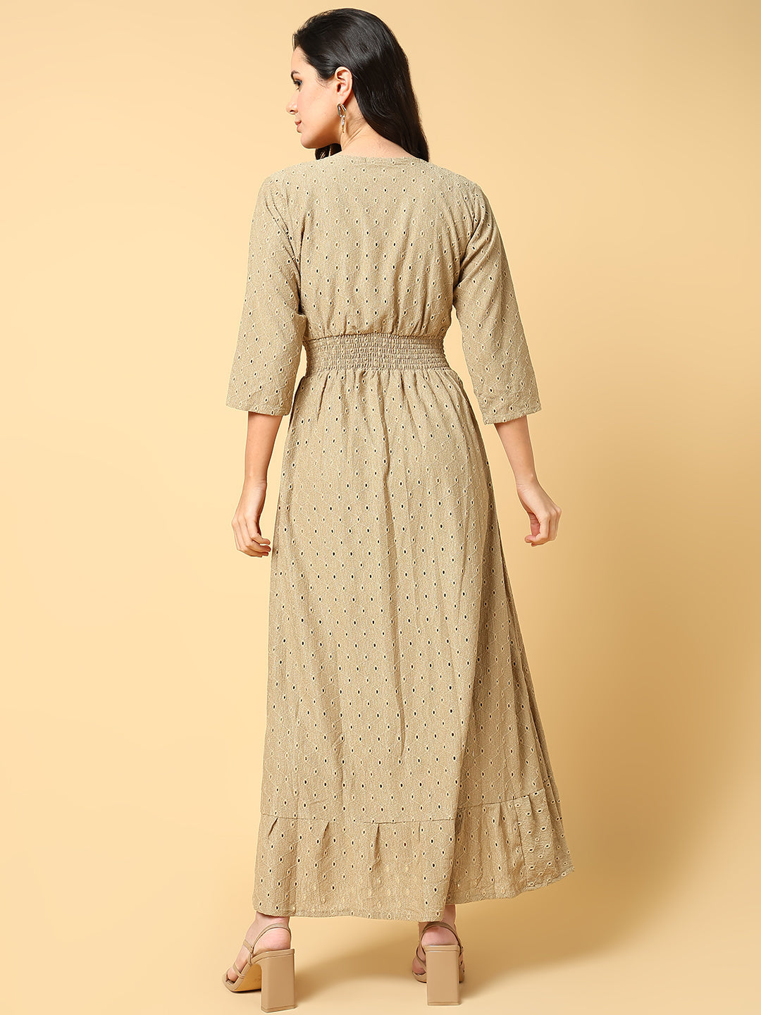 Women's Beige Self Design Fit & Flare Maxi Dress