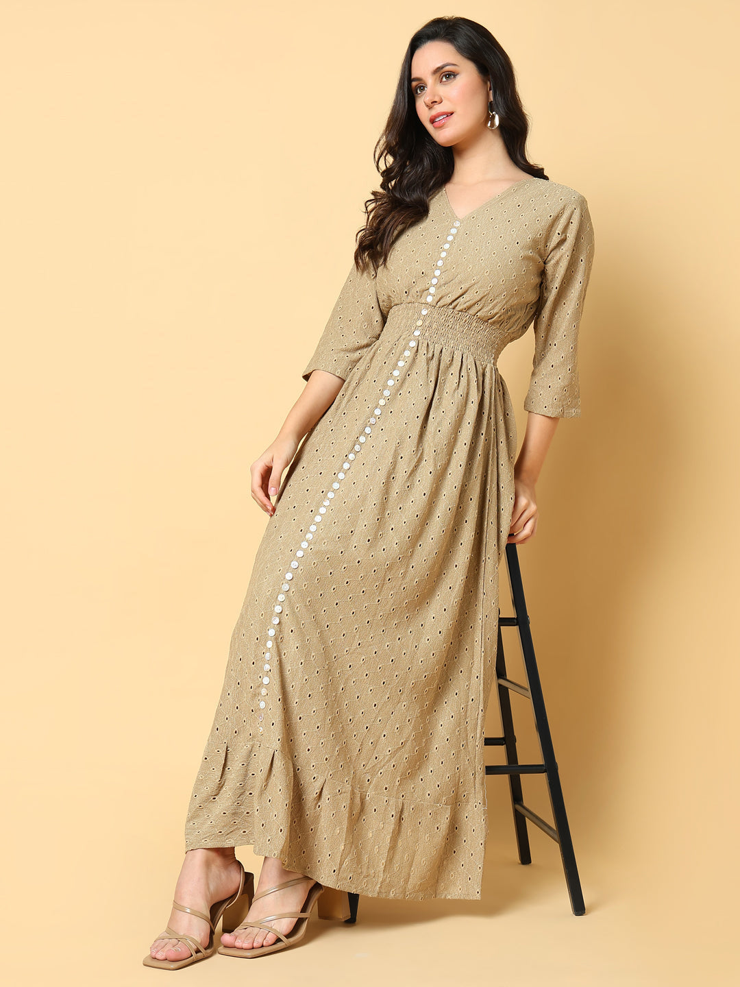 Women's Beige Self Design Fit & Flare Maxi Dress