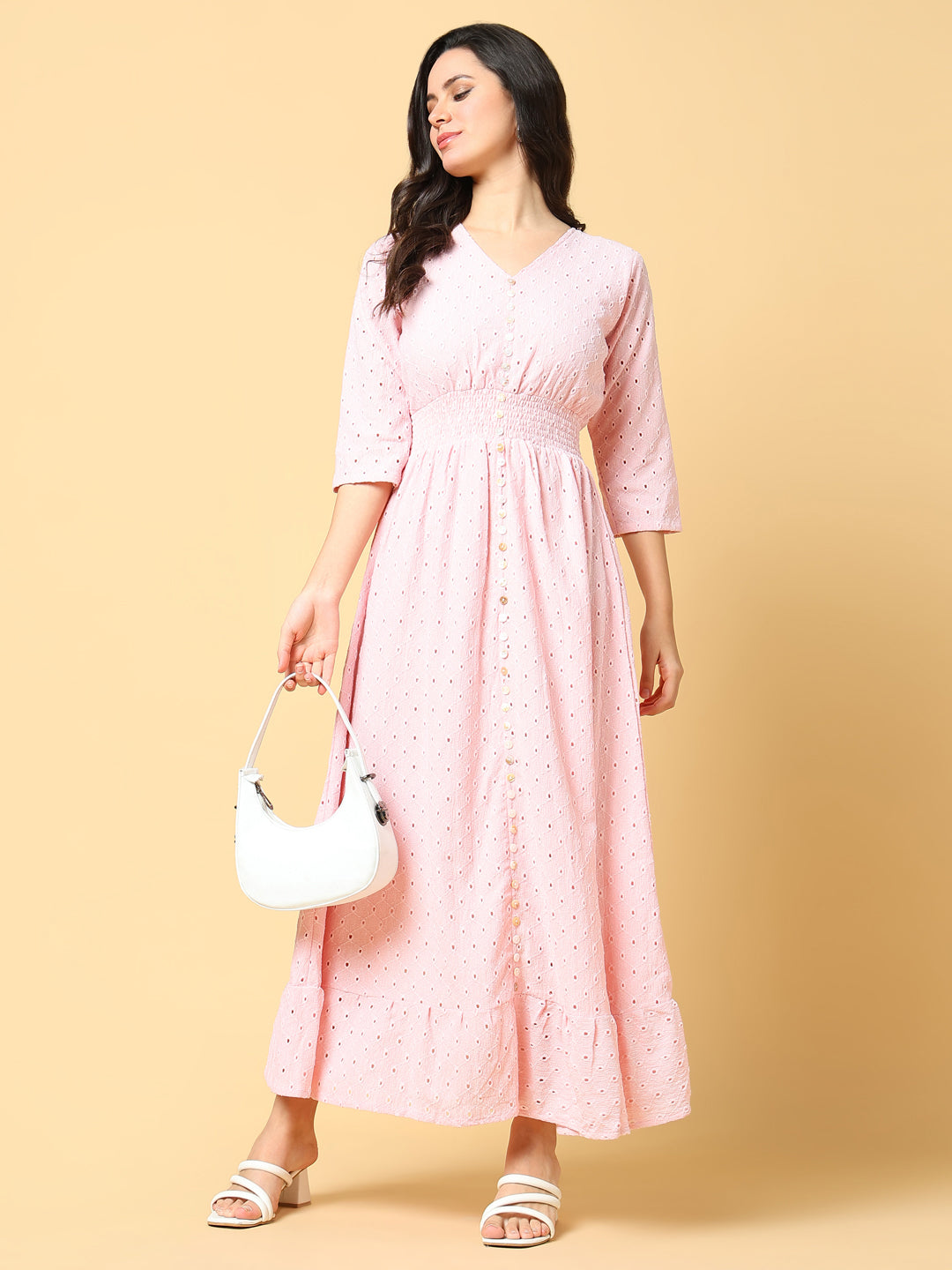 Women's Pink V-neck Fit & Flare Maxi Dress