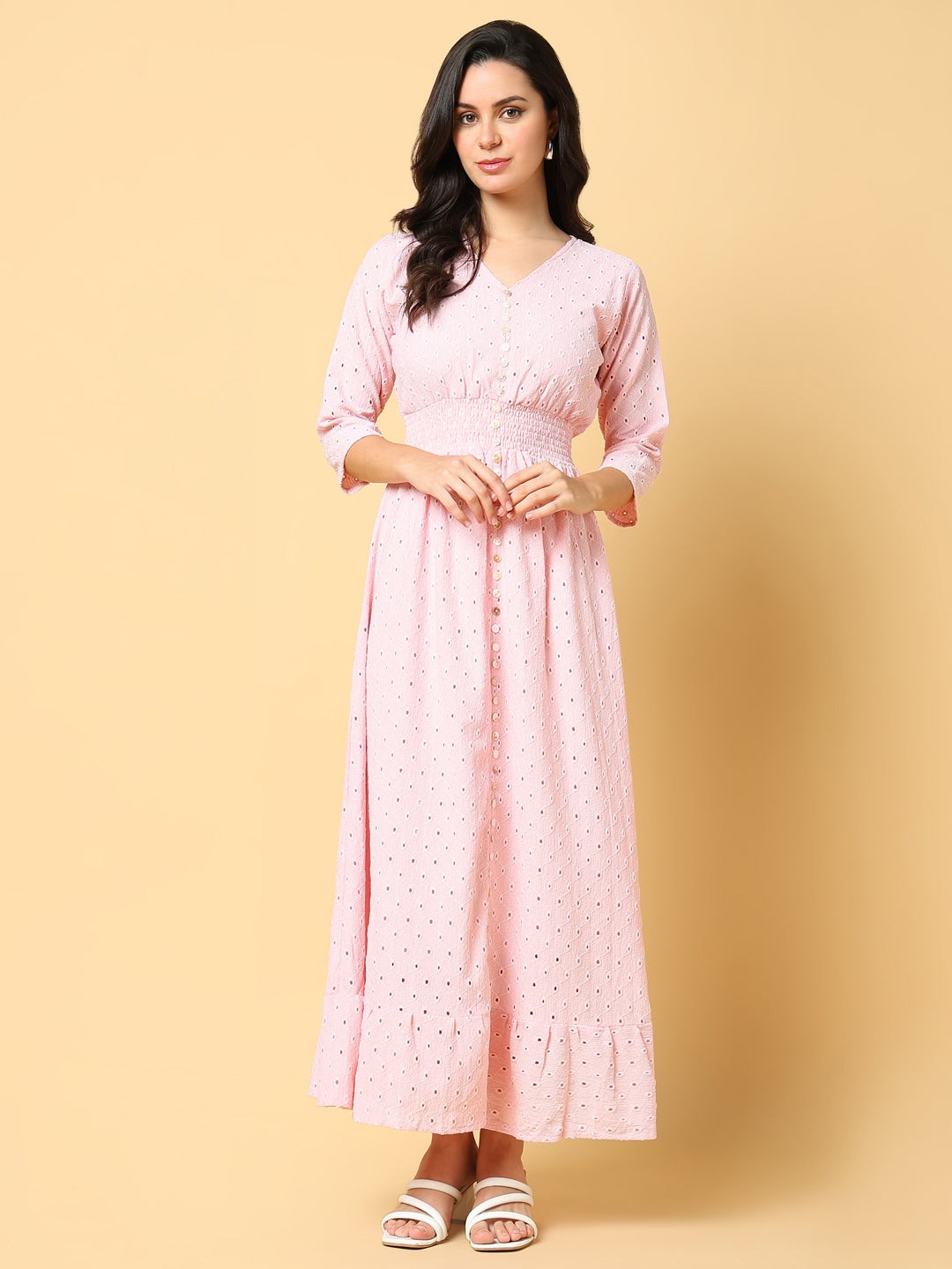 Women's Pink V-neck Fit & Flare Maxi Dress