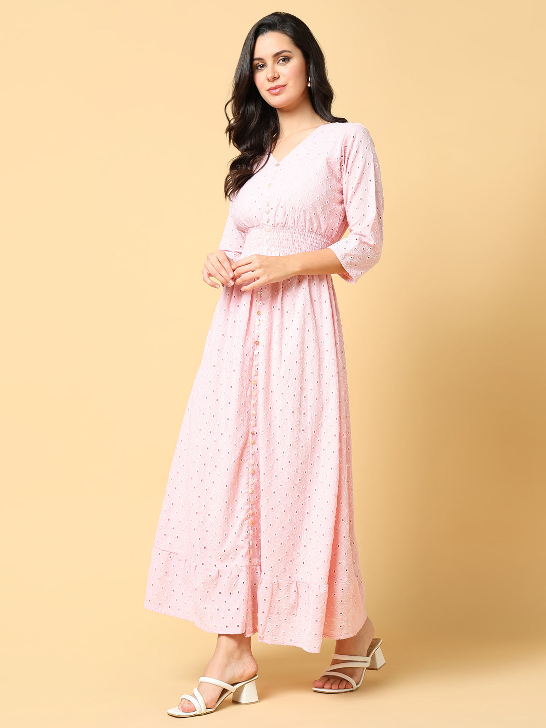 Women's Pink V-neck Fit & Flare Maxi Dress