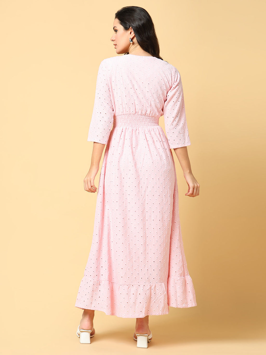 Women's Pink V-neck Fit & Flare Maxi Dress