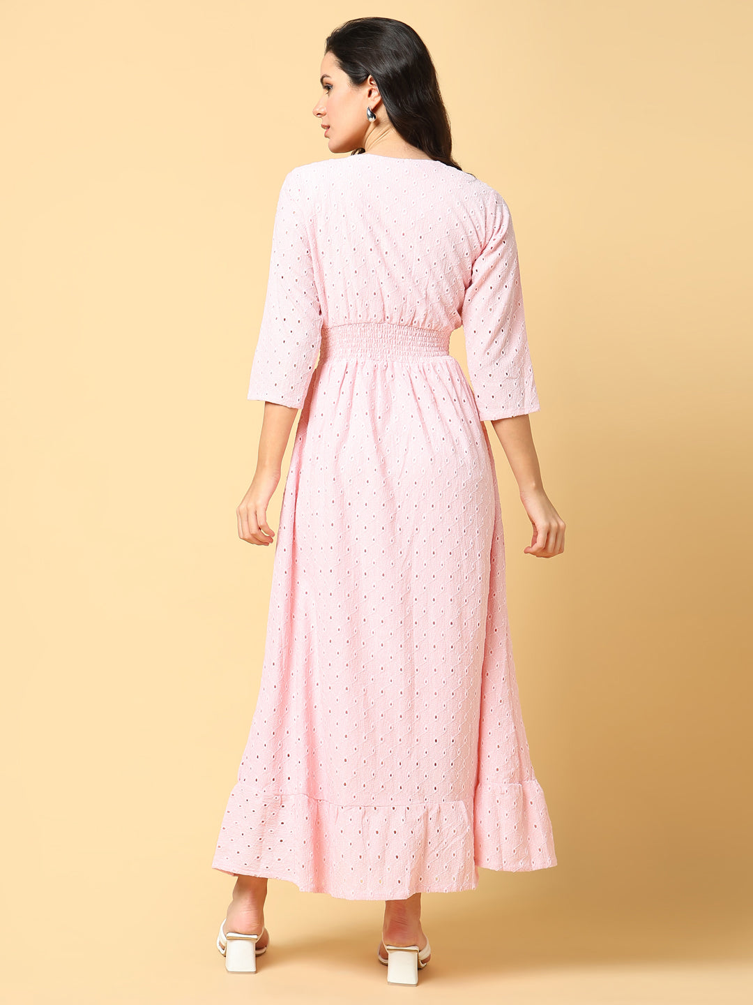 Women's Pink V-neck Fit & Flare Maxi Dress