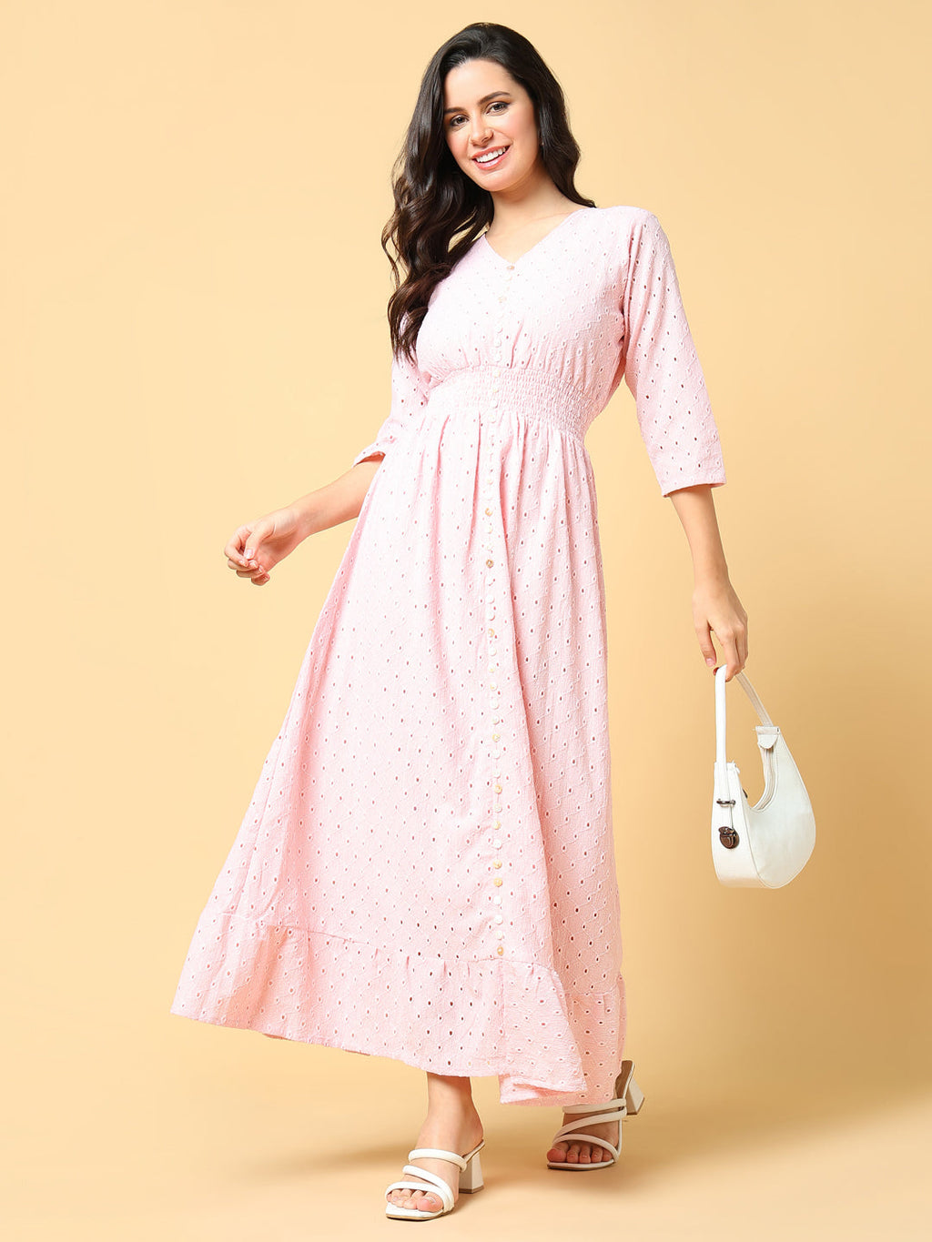 Women's Pink V-neck Fit & Flare Maxi Dress