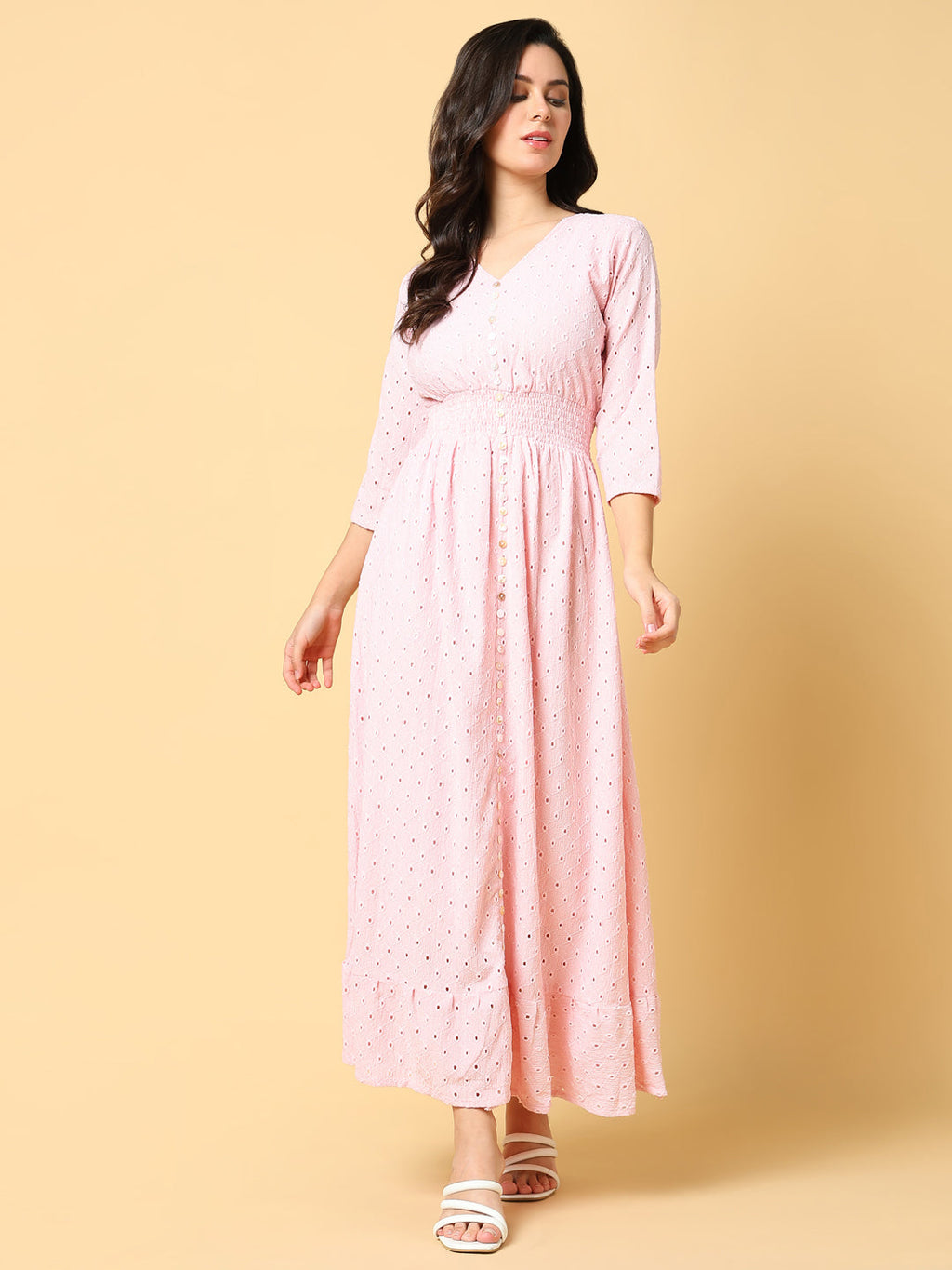 Women's Pink V-neck Fit & Flare Maxi Dress