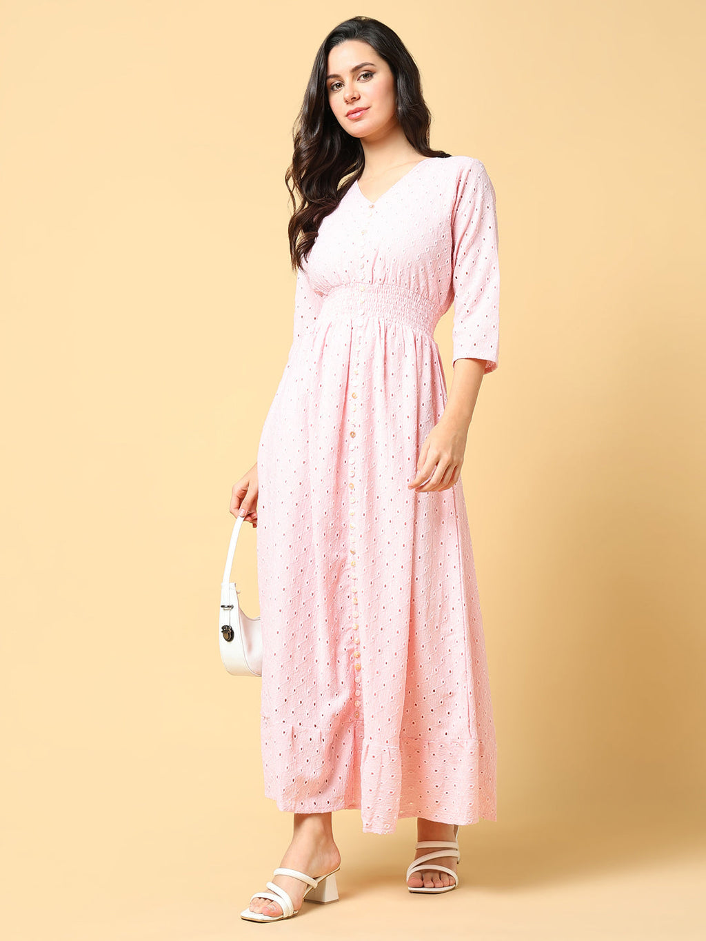 Women's Pink V-neck Fit & Flare Maxi Dress