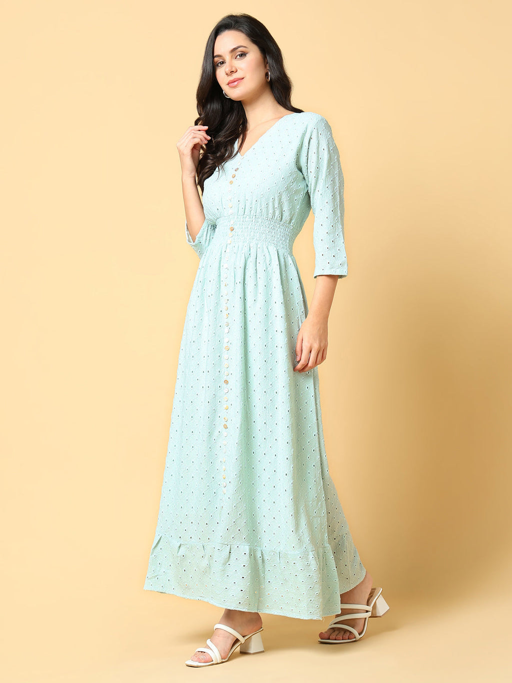 Women's Sea Green Self Design Fit & Flare Maxi Dress