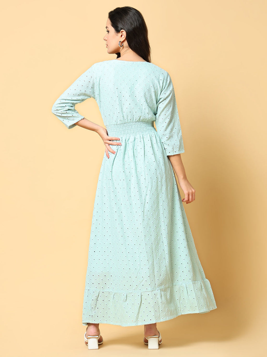 Women's Sea Green Self Design Fit & Flare Maxi Dress