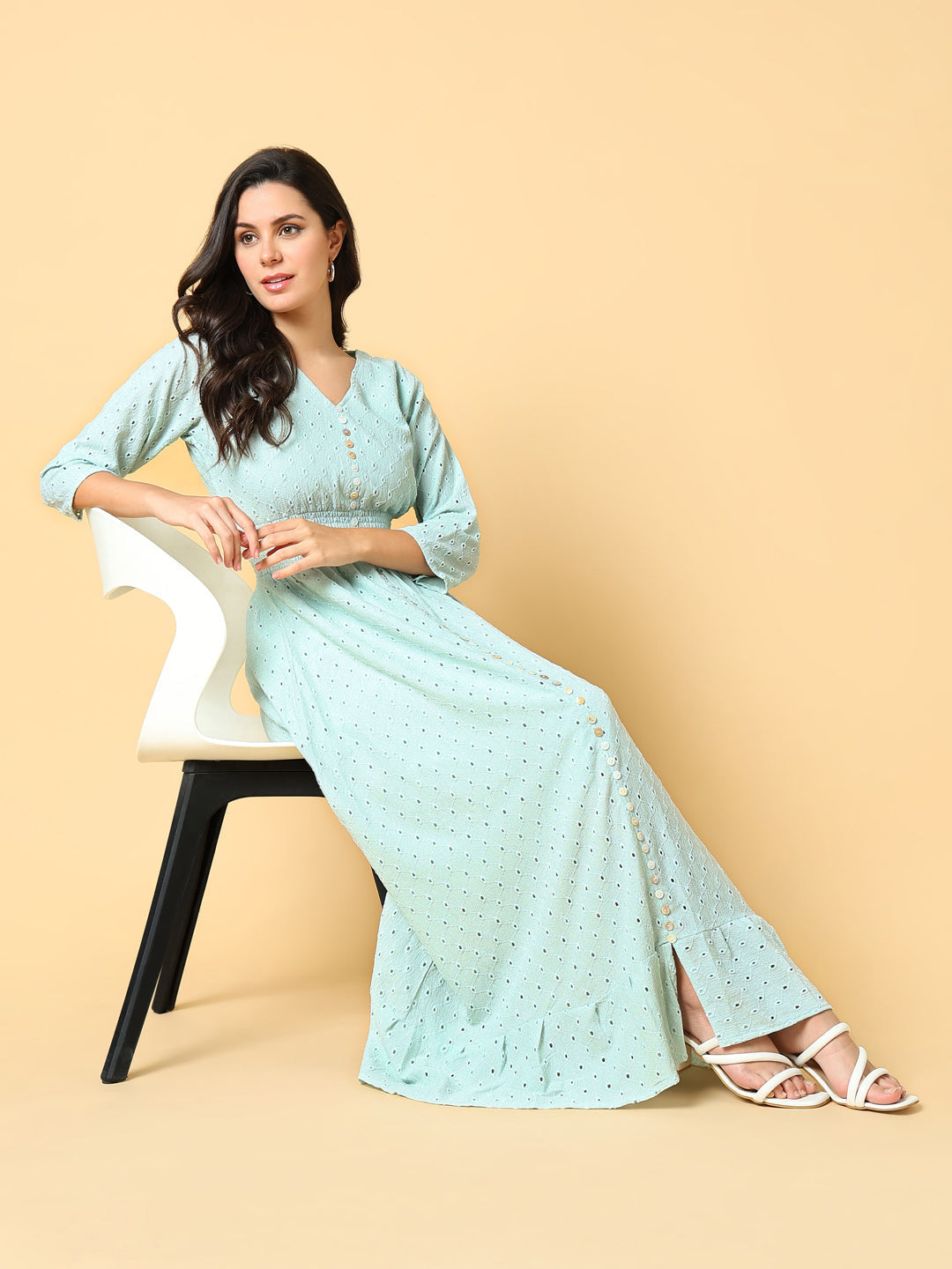 Women's Sea Green Self Design Fit & Flare Maxi Dress