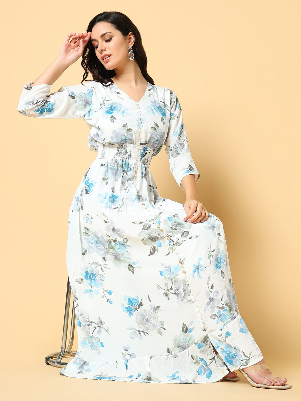 Women's Blue Floral Print Fit & Flare Maxi Dress