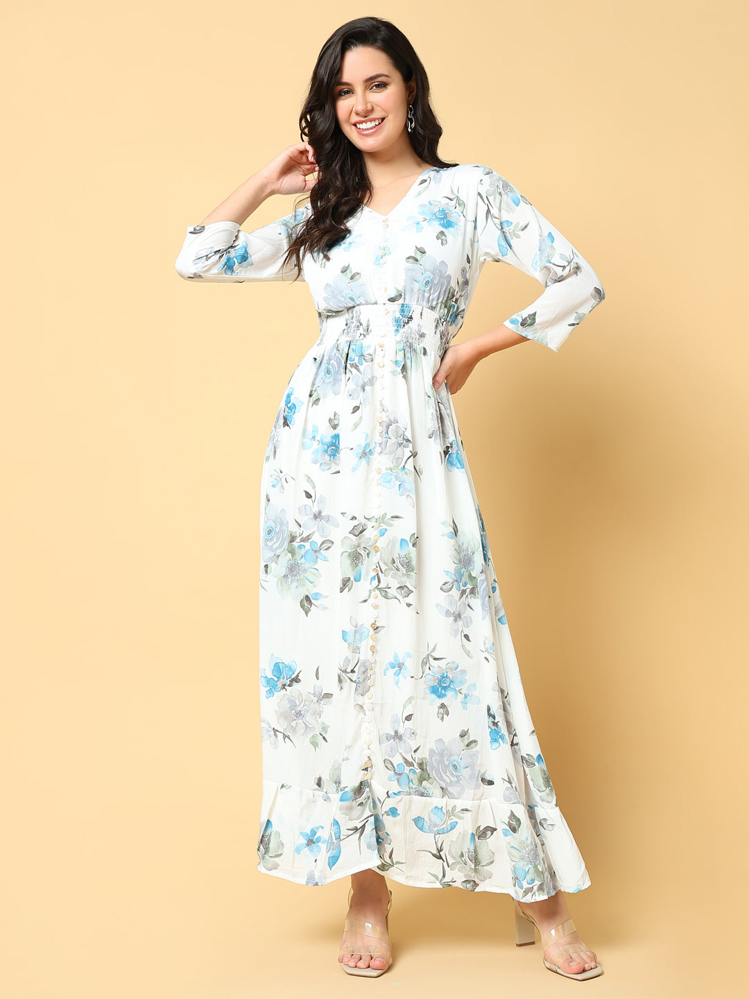 Women's Blue Floral Print Fit & Flare Maxi Dress