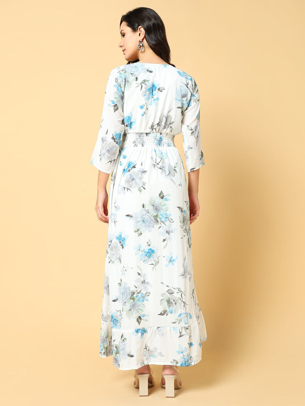 Women's Blue Floral Print Fit & Flare Maxi Dress
