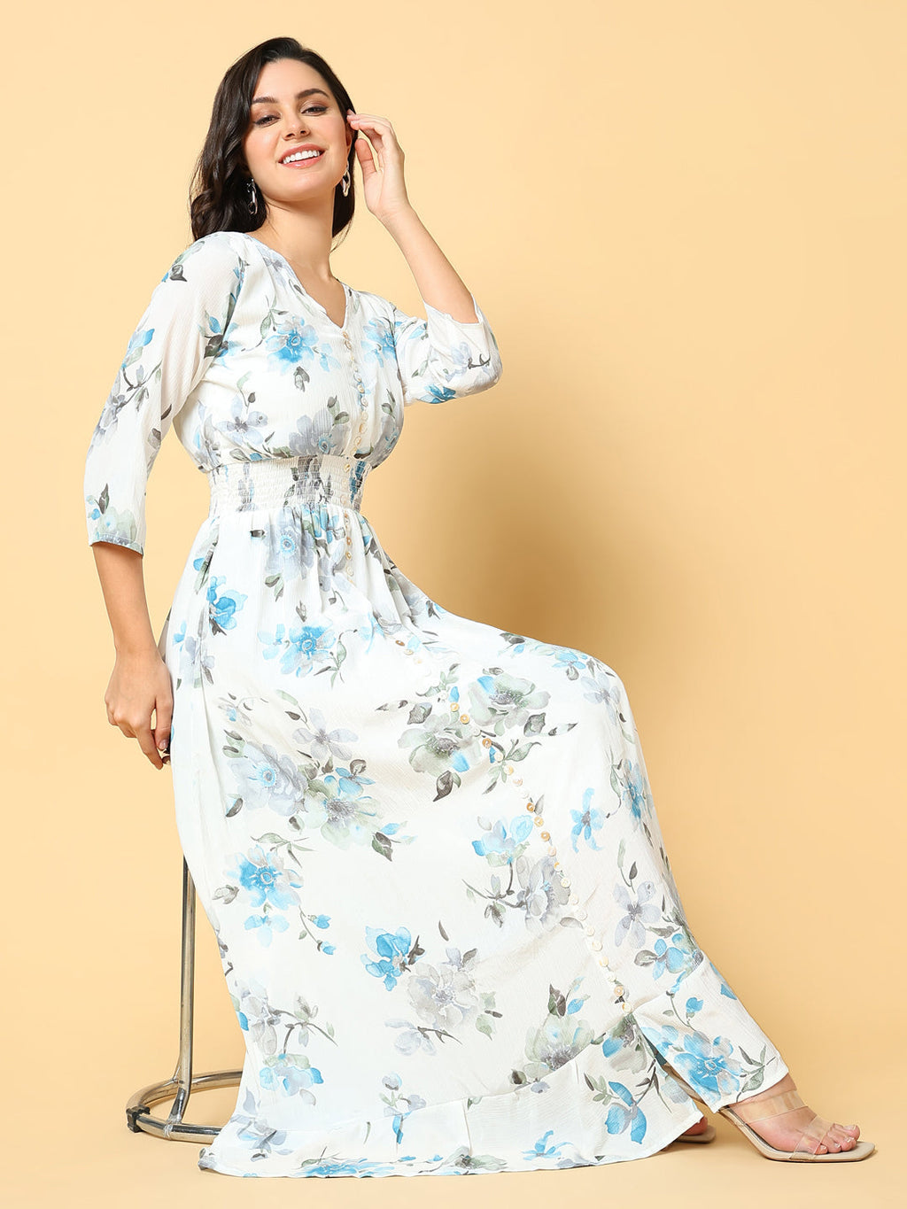 Women's Blue Floral Print Fit & Flare Maxi Dress