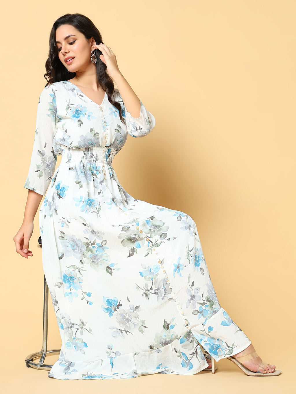Women's Blue Floral Print Fit & Flare Maxi Dress