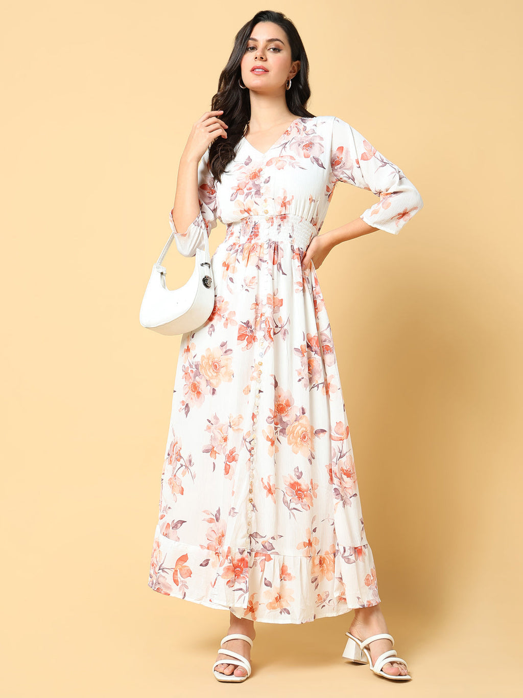 Women's Peach Floral Printed Fit & Flare Maxi Dress