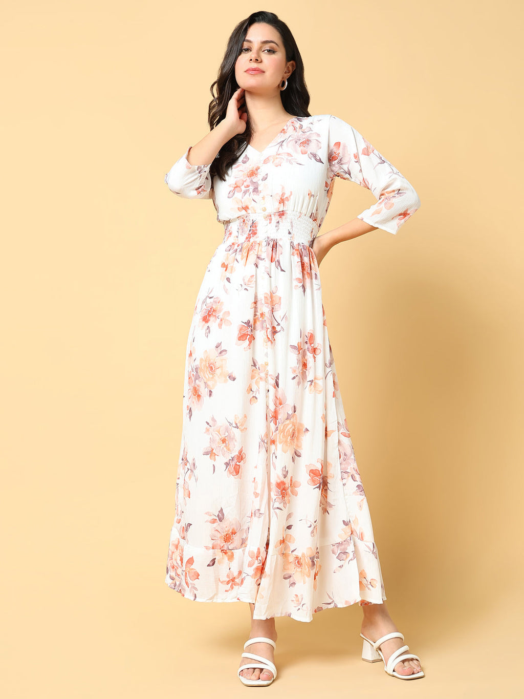 Women's Peach Floral Printed Fit & Flare Maxi Dress