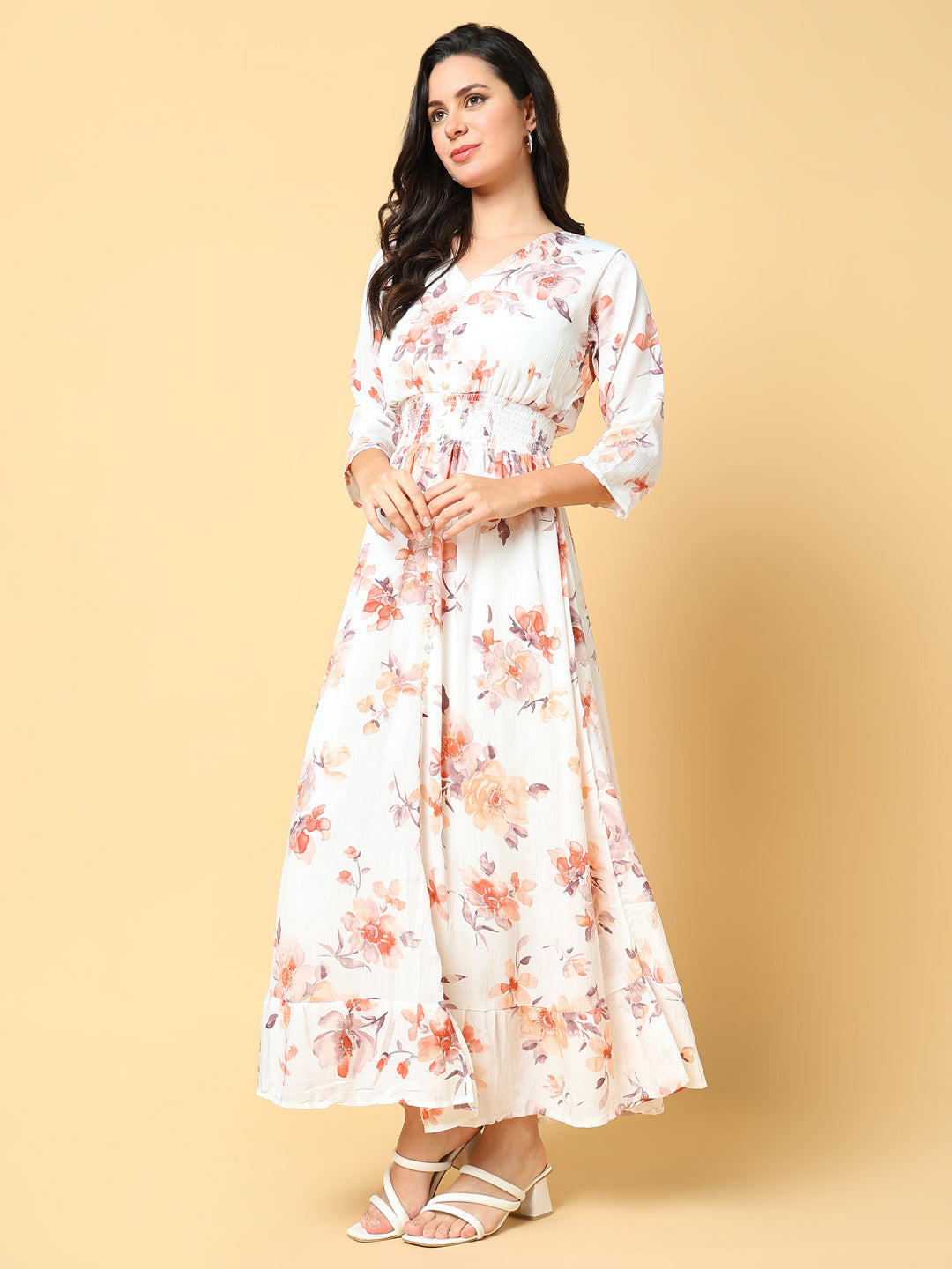 Women's Peach Floral Printed Fit & Flare Maxi Dress