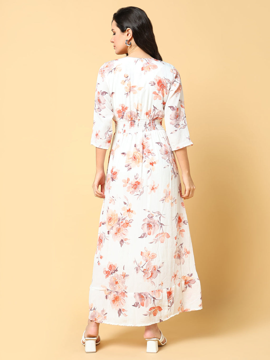 Women's Peach Floral Printed Fit & Flare Maxi Dress