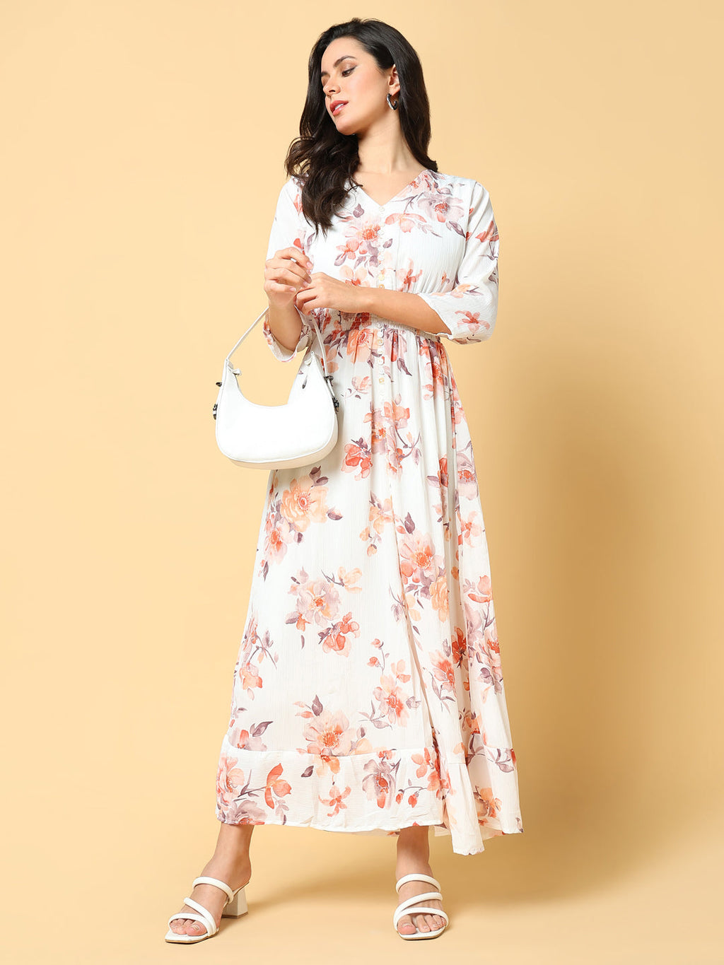 Women's Peach Floral Printed Fit & Flare Maxi Dress