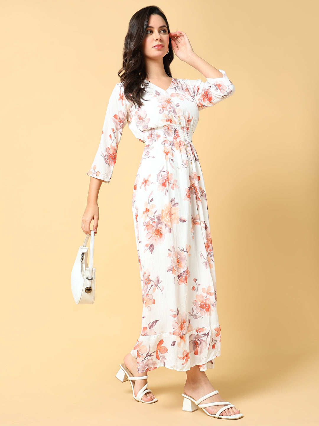 Women's Peach Floral Printed Fit & Flare Maxi Dress