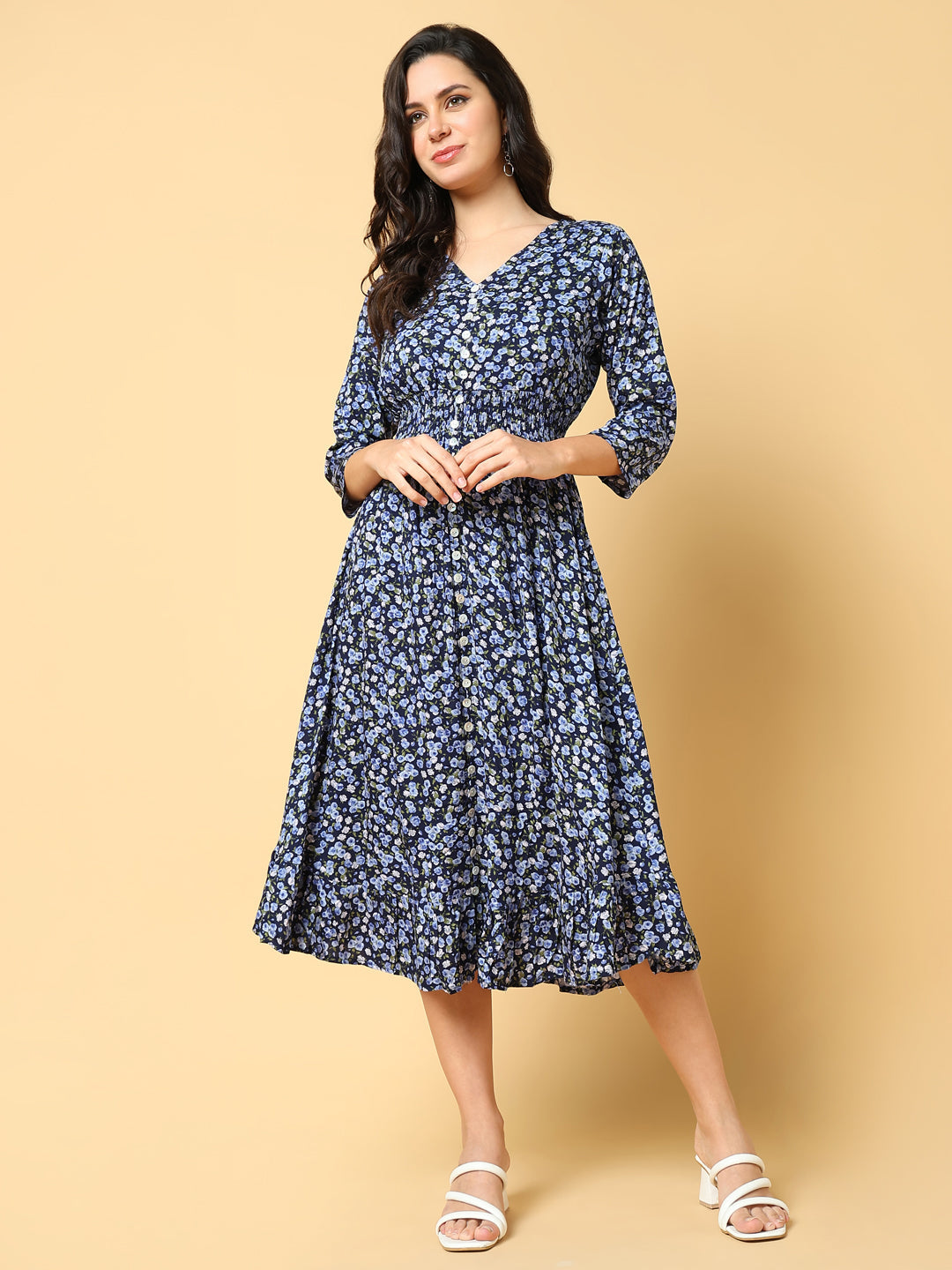 Women's Navy Blue Floral Printed V-neck Fit & Flare Midi Dress