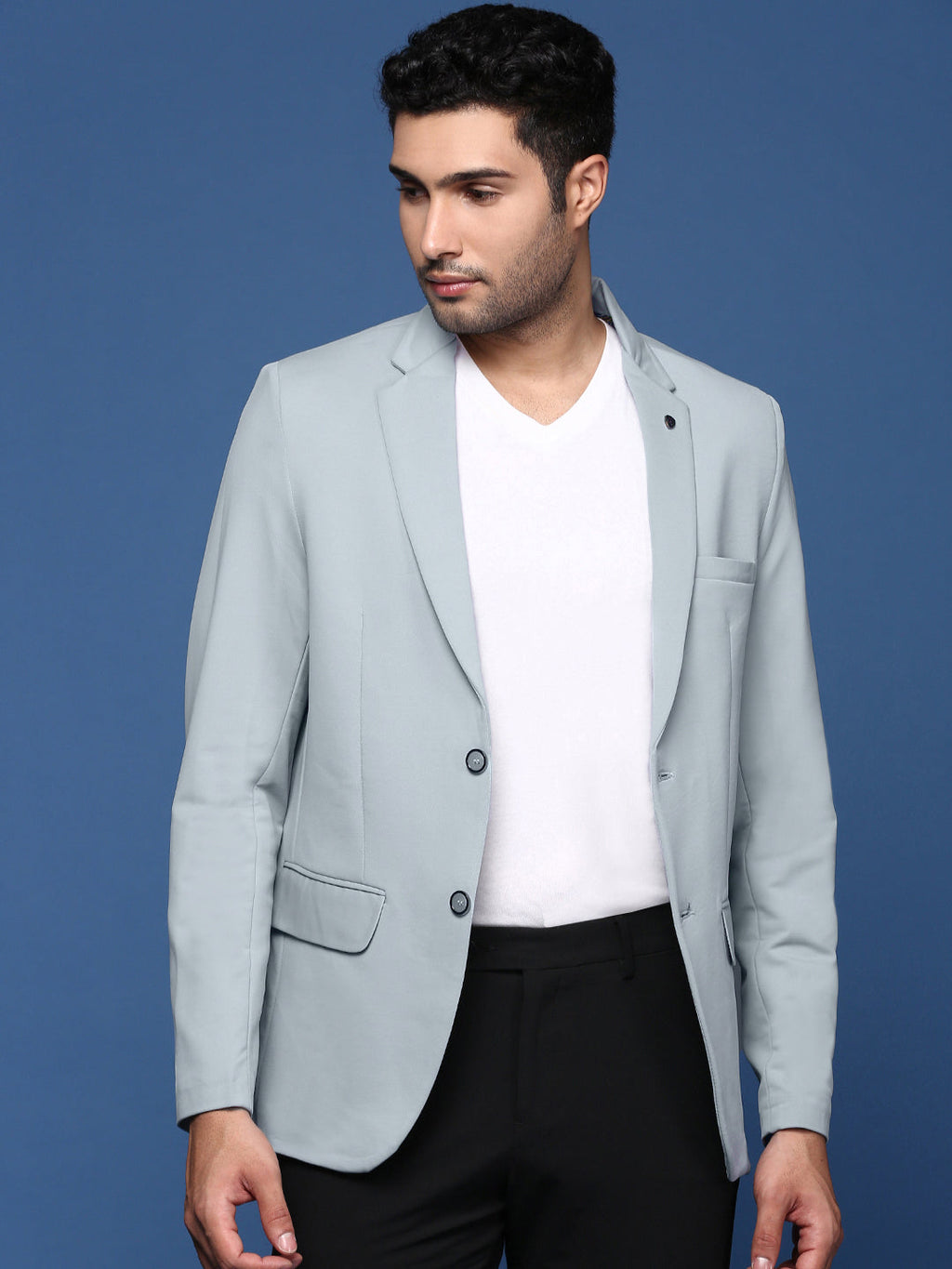 Men's Blue Solid Single Breasted Blazer