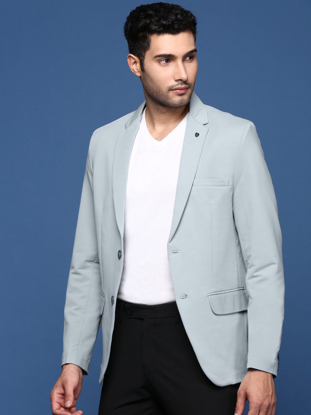 Men's Blue Solid Single Breasted Blazer