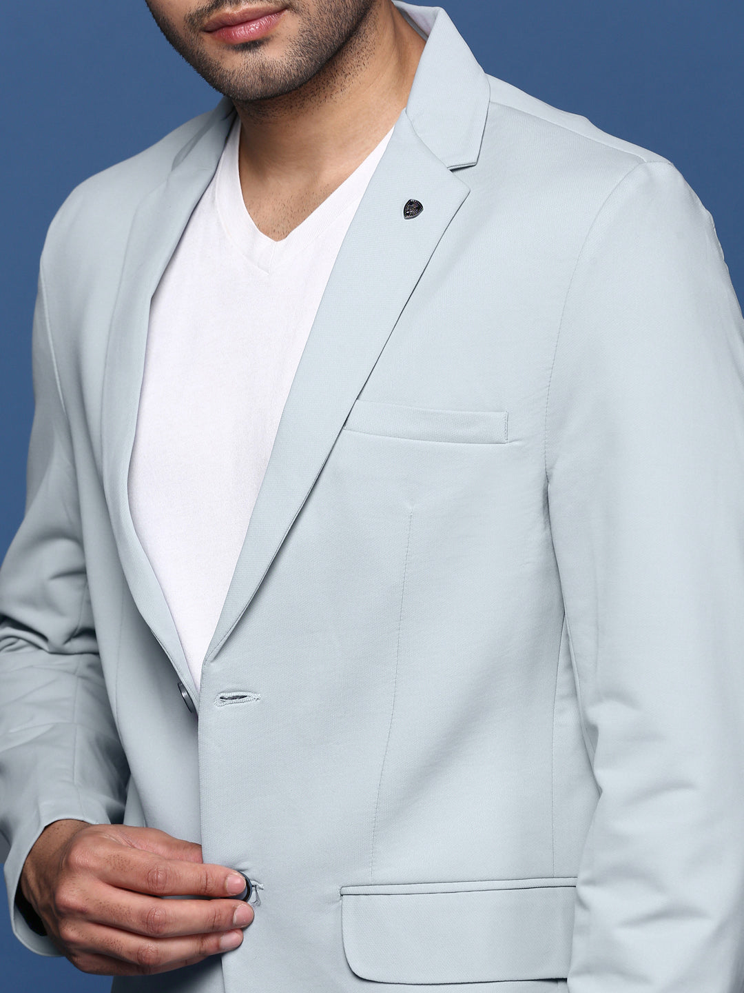 Men's Blue Solid Single Breasted Blazer
