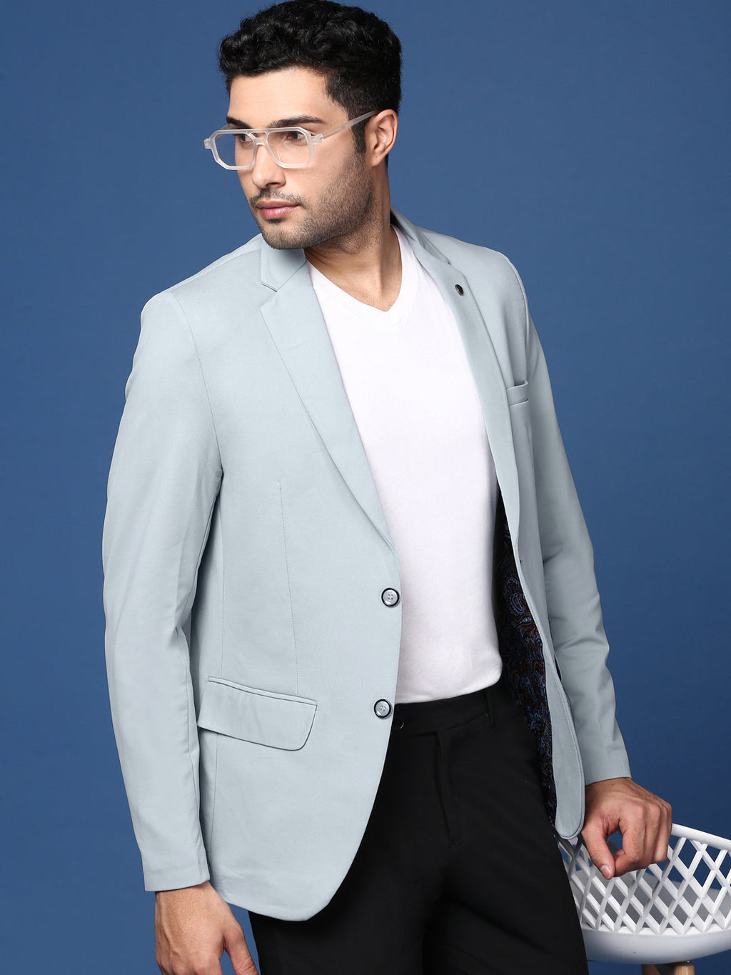 Men's Blue Solid Single Breasted Blazer