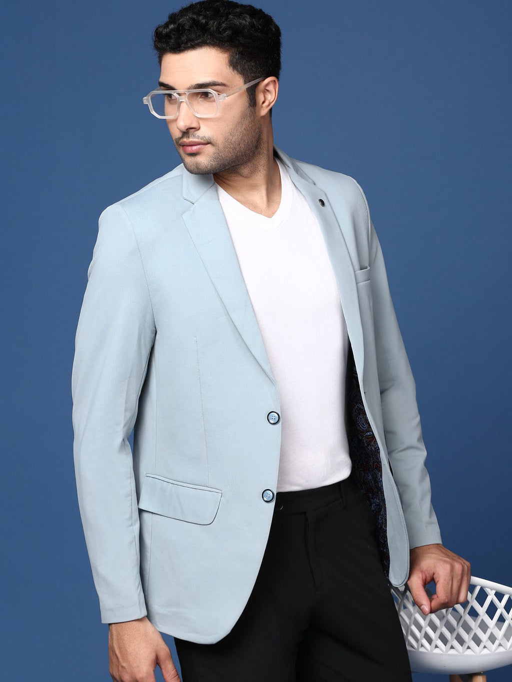 Men's Blue Notched Lapel Slim Fit Single Breasted Blazer