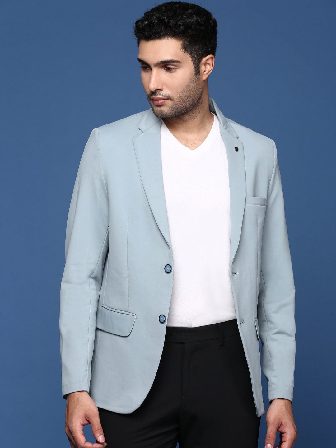 Men's Blue Notched Lapel Slim Fit Single Breasted Blazer