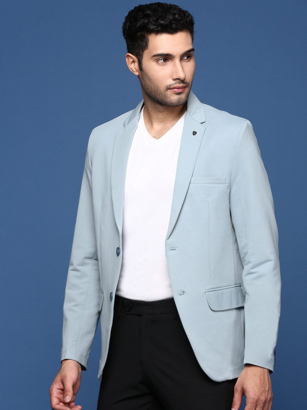 Men's Blue Notched Lapel Slim Fit Single Breasted Blazer