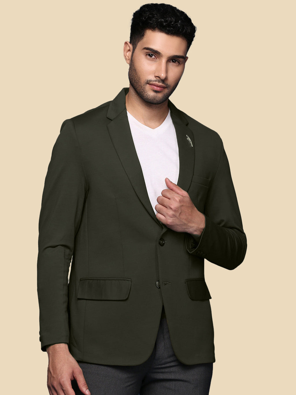 Men's Green Solid Single Breasted Blazer
