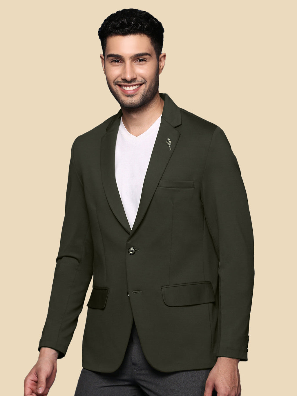 Men's Green Solid Single Breasted Blazer