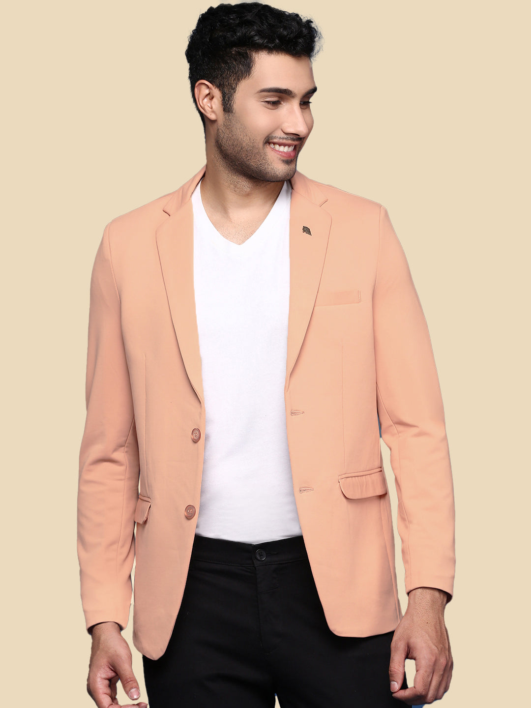 Men's Peach Solid Single Breasted Blazer