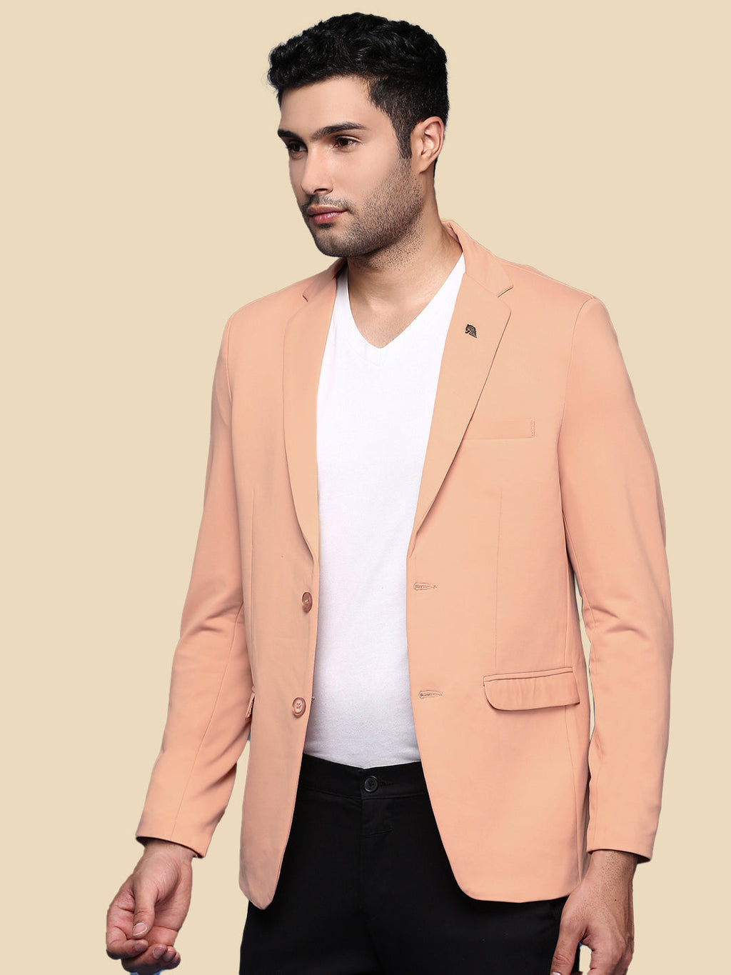 Men's Peach Solid Single Breasted Blazer